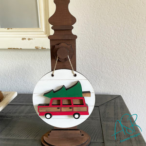 Station Wagon with Christmas Tree 5 inch Round with Mini Post Holder
