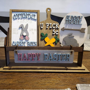 Happy Easter with Raised Shelf Sitter, Easter decor, Tabletop decor, Tiered tray, Easter Bunny, Bunny Trail